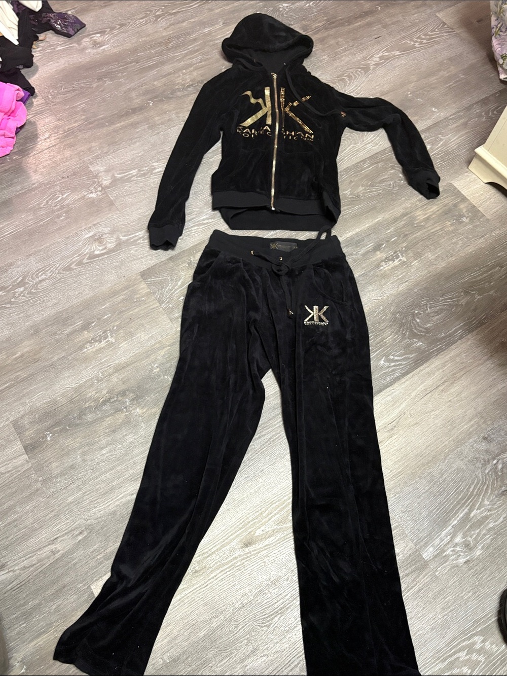 Kardashian Kollection Black Velour Track Pants with Gold Logo